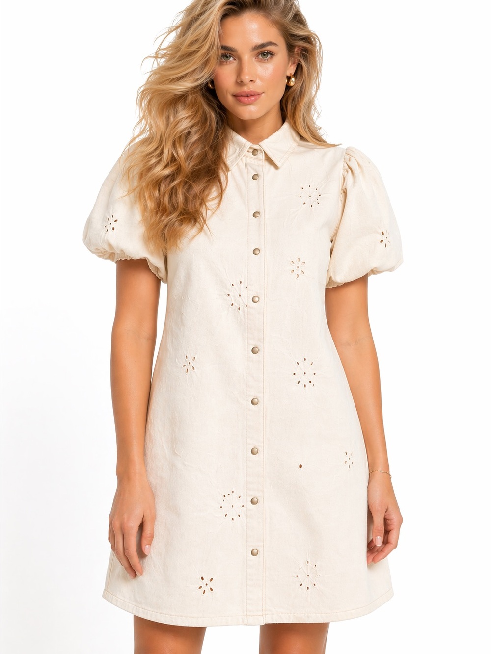 Button-Front Cream Puff Sleeve Dress